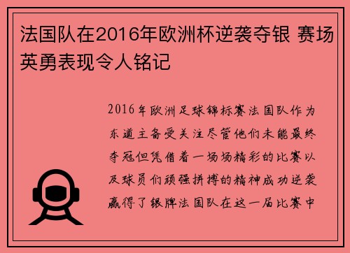法国队在2016年欧洲杯逆袭夺银 赛场英勇表现令人铭记